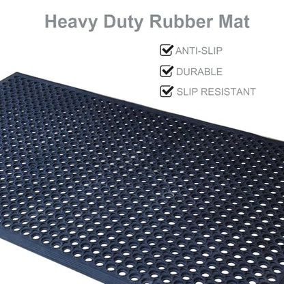 2 Pack Rubber Floor Mat, 36"x60" Anti-Fatigue Door Mat w/Holes for Restaurant, Kitchen, Bar, Indoor/Outdoor, Black