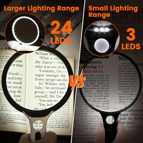Magnifying Glass with Light Large 5" Lens, Handheld Illuminated Lighted Magnifier 24LED 1UV Light for Seniors, Reading, Coins, Jewelry, Close Work - color: Black