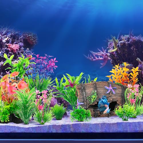 Fish Broken Barrel Decor Fish Tank Decorations Betta Fish Tank Accessories,Starfish Barrel x 1pc, Aquarium Plants x 11pcs - size: 12 Pcs