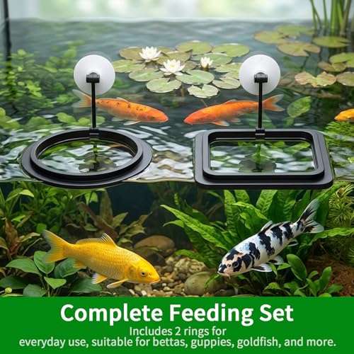 2PCS Fish Feeding Ring, Square and Round Aquarium Feeding Ring with Suction Cup for Betta Goldfish Guppy Turtle, Floating Fishes Feeder Rings for Fish Tank (Black)