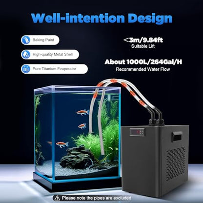 1/10 HP Water Chiller Machine, 42 Gallon Capacity, Hydroponic Cooling System, Efficient Cooling System, Quiet Titanium Fish Tank Water Chiller 50dB for Saltwater Freshwater Axolotl Coral
