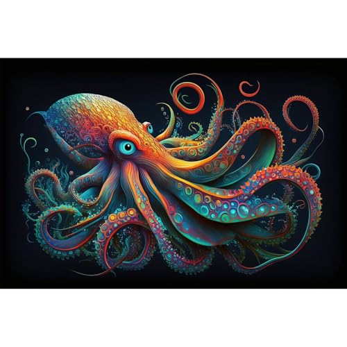 Octopus Aquarium Background Abstract Colorful Octopus Terrarium Background Glowing Octopus on Black Background Fish Tank Backdrop Poster Wallpaper Decorations Vinyl 24x16in - color: Green Red, size: 24(W)x16(H)in