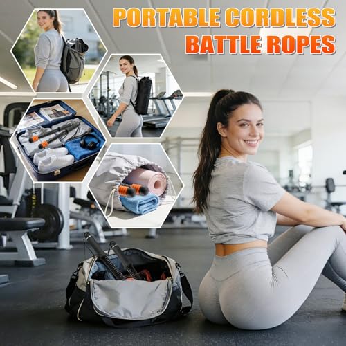 Cordless Battle Ropes Adjustable Weighted with 8 Removable Weight Rings | Portable, Ropeless, Storage bag, non-slip handle, for Home Gym, HIIT, Functional ＆ Full Body Workout for Women and Men