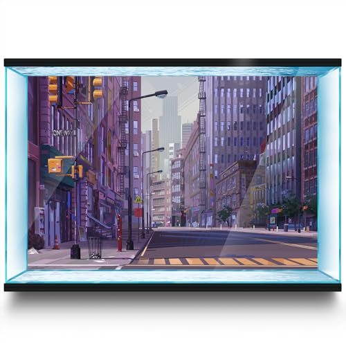Aquarium Background Stickers - City Street Purple - Fish Tank Reptile Terrarium Decor Poster (45 x 30 cm / (17.7 x 11.8 inches))