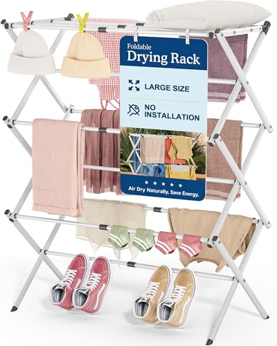 APEXCHASER Oversize 3-Tier Clothes Drying Rack, No Install, White - color: White