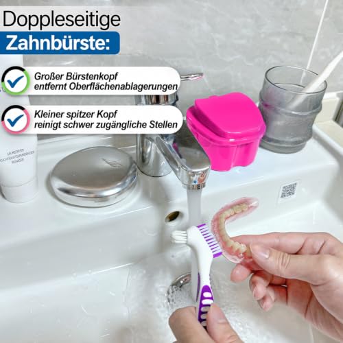 Denture Cup Retainer Cleaning Case False Teeth Soaking Container with 2 Brushes, Dental Retainer Cup Holder Case Denture Soaking Storage Box Case - White & Rose Red - color: White & Rose Red