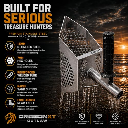 Outlaw Premium Stainless Steel Beach Sand Scoop Sifter with Front Handle and Long Handle Mount