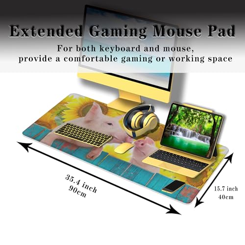 Keyboard Mat Yellow Blue Long Mouse Pad, Computer Mat Large Desk Pads, Big Desk Mat Non-Slip Rubber Base, 35.4 X 15.7 inch for Work/Game/Office/Home Funny Pig Hanging on A Fence. Studio Photo. - color: Funny Pig