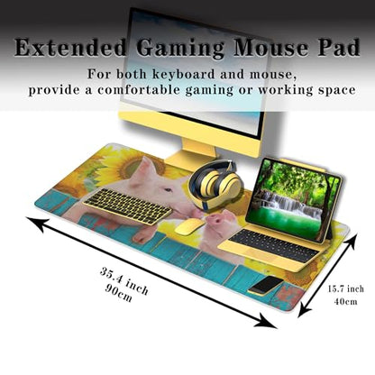 Keyboard Mat Yellow Blue Long Mouse Pad, Computer Mat Large Desk Pads, Big Desk Mat Non-Slip Rubber Base, 35.4 X 15.7 inch for Work/Game/Office/Home Funny Pig Hanging on A Fence. Studio Photo. - color: Funny Pig