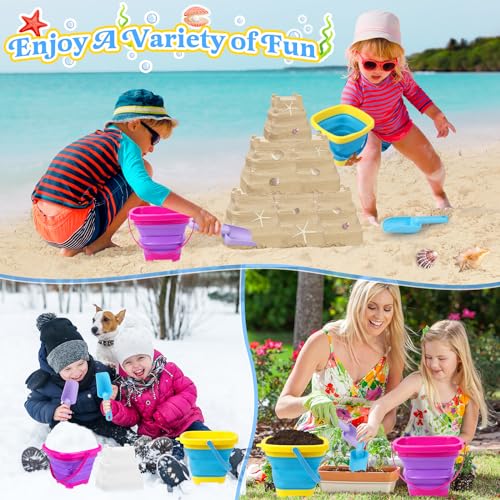 Collapsible Beach Buckets for Kids, 2 Packs Foldable Sand Buckets and Shovels with Mesh Beach Bag, Silicone Sand Pails for Toddlers Beach Toys, Easter Egg Hunt, Camping, Travelling, Fishing Water Pail