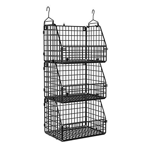 Stackable Wire Storage Baskets for Kitchen Closet Pantry, Hanging Closet Organizers Storage Shelves Organization, Wall Mount Metal Basket Bins, Clothing Vegetable & Fruit Organizer 3 pcs - color: Black-3pcs