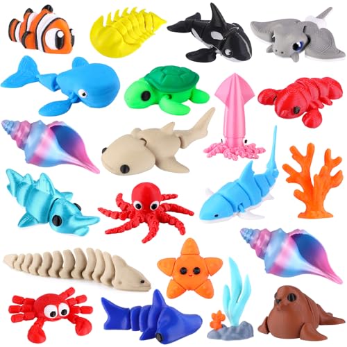Celltestria 21Pcs Mini 3D Printed Animals for Kids Little 3D Printed Ocean Figurines for Goodie Bags Party Favors Flexible Articulated Fidget Toys for Classroom Prize Rewards Gifts Exchange - style: 21Pcs Ocean Animals