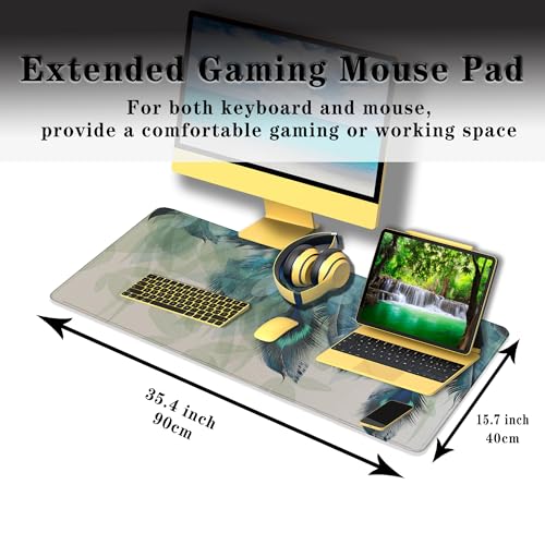 Gaming Mouse Pad Navy Desk Mat Large Desk Pads Mens Office Accessories Pad for Table Non-Slip Rubber Base Waterproof with Stitched Edges 35.4" X 15.7" for Game Office, Peacock Feather