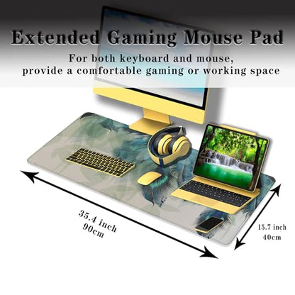Gaming Mouse Pad Navy Desk Mat Large Desk Pads Mens Office Accessories Pad for Table Non-Slip Rubber Base Waterproof with Stitched Edges 35.4" X 15.7" for Game Office, Peacock Feather