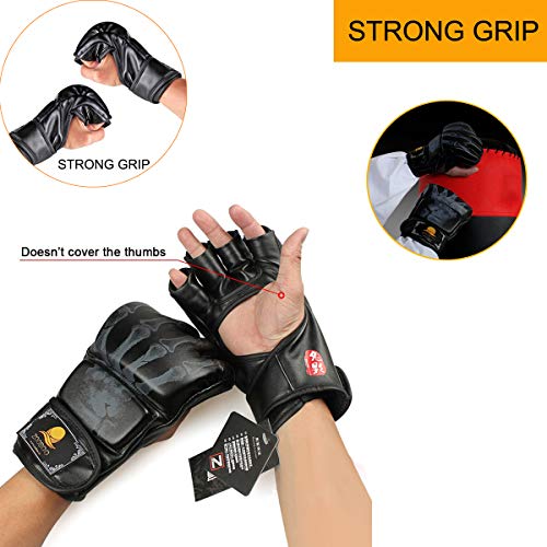 ZooBoo MMA Gloves, Half-Finger Boxing Fight Gloves MMA Mitts with Adjustable Wrist Band for Sanda Sparring Punching Bag Training - color: Black