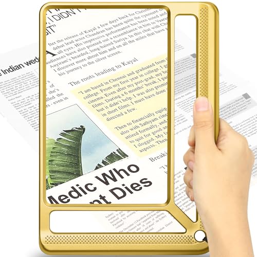 AKKYCVS 5X Full Page Magnifying Glass for Reading, Lightweight Rectangular Magnifier Provides Large Book Page Viewing Area, Handheld Magnifier for Reading Small Prints for Seniors, Low Vision-Gold - color: Gold
