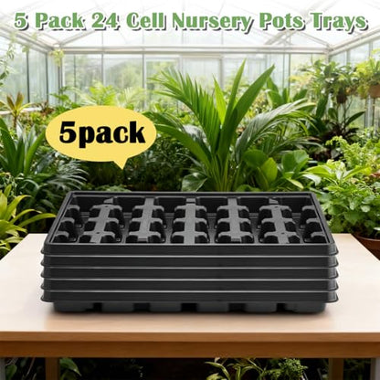 24 Cell Nursery Pots Trays 5 Pack (17"x11"x1.6"), Reusable Plant Pot Tray for Holding 2.8 inch (7CM) Square Nursery Pots, Durable Plastic Carrying Seed Starter Tray with Drain Holes (Black) - color: Black, size: 24 Cell Trays-5 Pack
