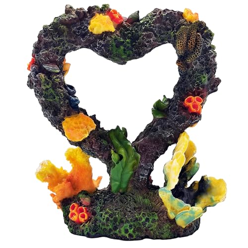 Heart Shaped Aquarium Coral Ornament, Resin Fish Tank Decoration with Realistic Coral & Moss, Safe for Freshwater/Saltwater Aquariums, Aquascaping Hideout for Small Fish and Shrimp