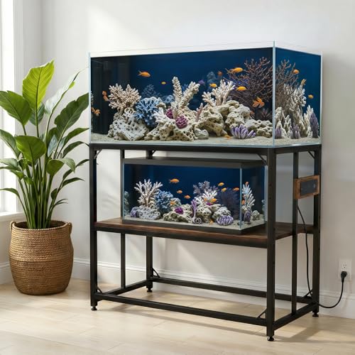 40 Gallon Tank Stand with Power Outlets - Heavy Duty Metal Fish Tank Stands for Turtle Reptile Terrarium, 2-Tier Aquarium Stand with Adjustable Wood Storage Shelf, 660LBS Capacity (Rustic Brown, 36.6"x18.5"x29")