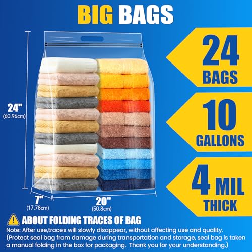 24 Pack Extra Large Plastic Storage Bags 10 Gallons 24"x20"x7" Zero BPA Double Zipper Seal 4 Mils Thick Double Layer Carry Handle Resealable Moving Seasonal Travel Clothes - size: 24Pack (10Gallons)