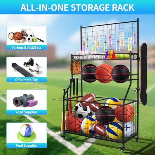 Sports Equipment Organizer,Garage Ball Storage Rack with Basketball Rack with Hooks and Rolling Wheels Cart (BLACK)