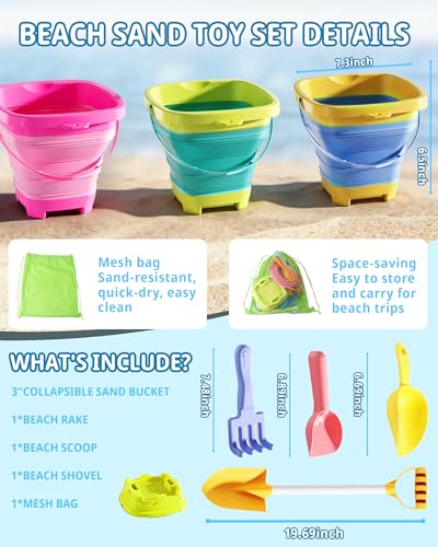 Beach Toys Set, 3 Collapsible Buckets, Detachable Large Pointed Sand Shovel, Flat Shovel, Rake, Scoop, Mesh Bag, Toddler Sandcastle Kit, Travel, Beach Party, Outdoor Summer Fun