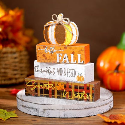 4 Pcs Thanksgiving Decorations Fall Wooden Sign Pumpkin Tiered Tray Decor Hello Fall Table Centerpiece Wood Blocks Table Top Sign for Home - style: Pumpkin