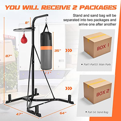 2-in-1 Punching Bag Stand for Adults, Heavy Bag Stand with Height Adjustable Speed Bag, Weighted Base Hold Up to 220 LBS, Freestanding Boxing Equipment for Home Gym Fitness MMA Training