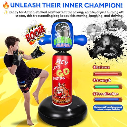 Punching Bag for Kids with 360° Rotating Head, Hyperzoo 63" Heavy-Duty Inflatable Boxing Bag with Glove, Freestanding Punching Bag Toy for Boys & Girls Ages 5–12 – Great - style: Kangaroo