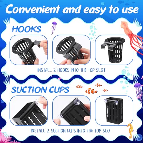 12 Set Upgraded Large Aquarium Plant Holder Contain 12 Hanging Aquatic Pot with 72 Hooks and 24 Aquatic Planter Suction Cups for Fish Tank Aquarium Cultivation and Aquascape Decoration (Black)