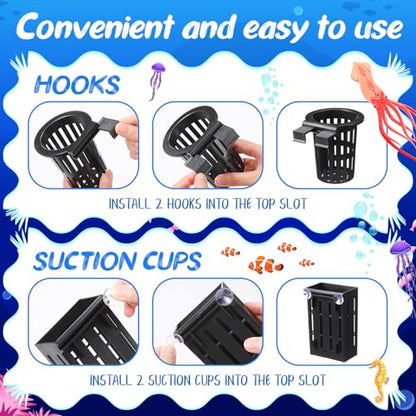 12 Set Upgraded Large Aquarium Plant Holder Contain 12 Hanging Aquatic Pot with 72 Hooks and 24 Aquatic Planter Suction Cups for Fish Tank Aquarium Cultivation and Aquascape Decoration (Black)