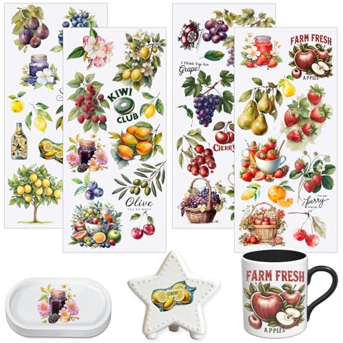 4 PCS Vintage Fruit UV DTF Cup Wraps, Waterproof Transfer Stickers for Tumblers and Mugs, Durable Rub-on Decals for Smooth and Flat Surfaces - style: vintage fruit