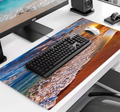 Sunset Beach Large Gaming Mouse Mat with Stitching Edges, Office Desk Mat | The Surface Of The Mouse Pad Is Designed With Fiber Woven Material, And The Base Is Made Of Natural Anti Slip Rubber. - color: Beach at Sunset
