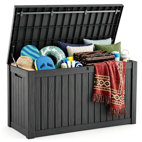 210 Gallon Large Outdoor Storage Box Waterproof, UV Resistant Resin Deck Box with Hydraulic Rod & Lockable Latch for Patio Furniture, Outside Storage Box for Garden Tools, Patio Cushions, Black - color: Black, size: 210 Gallon