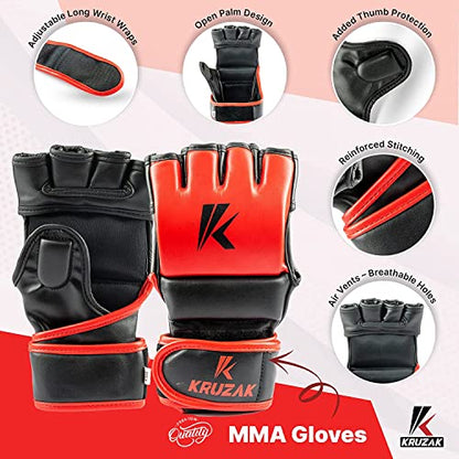 Kruzak MMA Gloves, Half-Finger Boxing Mitts with Hand Wraps - color: Red, size: Large-X-Large
