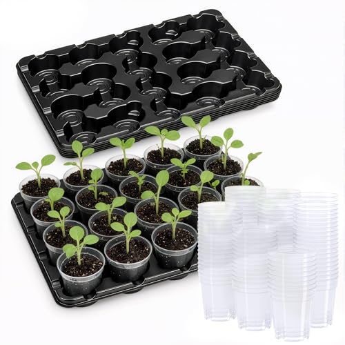 3 Inch Seed Starting Trays with Clear Nursery Pots, 5-Pack 20-Cell Seedling Starter Trays & 3" Nursery Pots 100 Pcs with Drainage, Plant Starter Germination Trays for Indoor Outdoor Growing - size: 3 Inch, style: 5 Pack Seed Starter Tray+Nursery Pots
