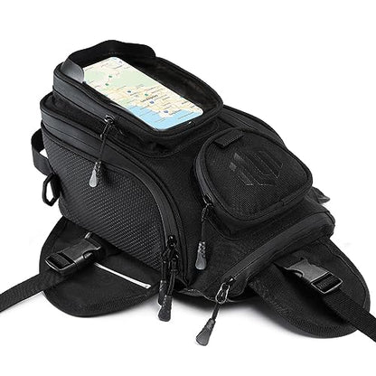 ILM Motorcycle Tank Bag Magnetic 4 Straps Reinforced Fastening Waterproof Touch Screen Phone Pouch Motorbike BT01 - color: Black
