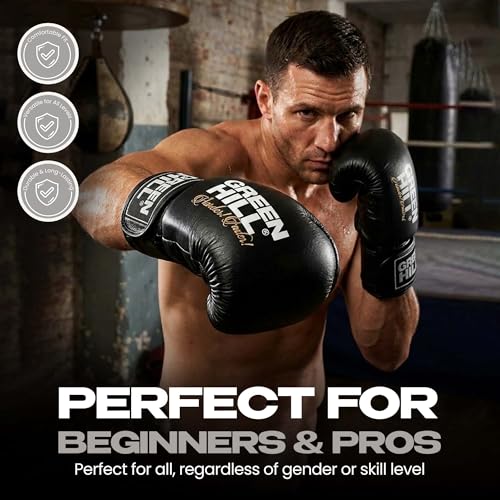 Green Hill Leather Boxing Gloves for Men & Women, Training Gloves - color: Black, size: 10 OZ