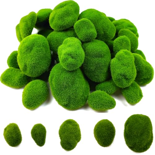 TIHOOD 50 PCS 5 Size Artificial Moss Rocks Decorative, Green Moss Balls,Moss Stones, Green Moss Covered Stones, Fake Moss Decor for Floral Arrangements, Fairy Gardens and Crafting