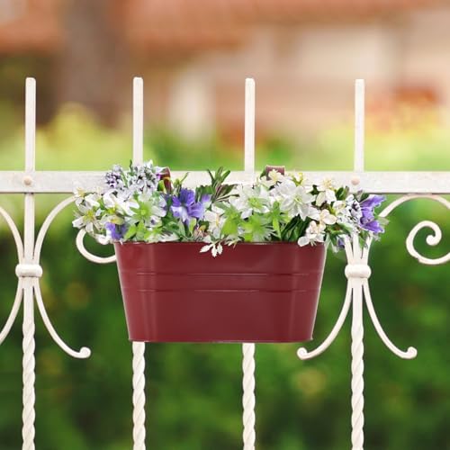 3 Pack Metal Railing Planters, 10.5" Oval Hanging Flower Pots with Detachable Hooks & Drainage Holes, Fits Rails up to 2.36", Galvanized Iron Fence Bucket for Balcony Garden Patio - Red - color: Red, size: 3 Pack, 10.5"L x 5.7"W x 4.7"H