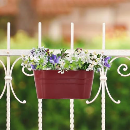 3 Pack Metal Railing Planters, 10.5" Oval Hanging Flower Pots with Detachable Hooks & Drainage Holes, Fits Rails up to 2.36", Galvanized Iron Fence Bucket for Balcony Garden Patio - Red - color: Red, size: 3 Pack, 10.5"L x 5.7"W x 4.7"H