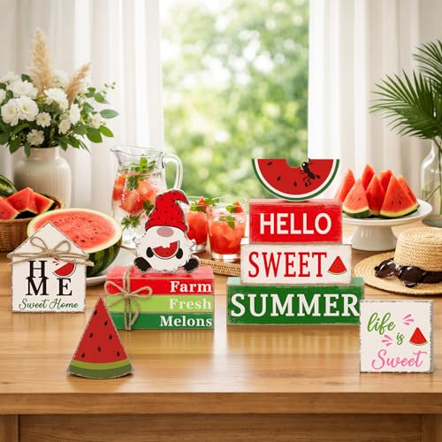 11 Pcs Watermelon Table Decorations Set Watermelon Tiered Tray Decor Summer Wooden Top Farmhouse Rustic Wooden Table Centerpieces for Home or Kitchen Office Decorations - style: Watermelon