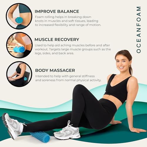 Oceanfoam Ripple Travel Foam Roller (11" x 3.35") Firm Mini Foam Roller for Physical Therapy, Deep Tissue Massage, Back Pain, High Density, Ergonomic Wave Textured, Yoga, Pilate, Exercise (Miami Blue) - color: Miami Blue