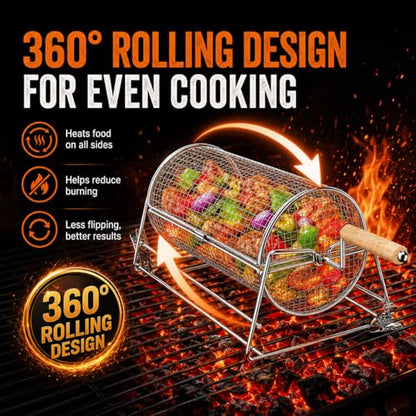 2-in-1 Rolling Grill Basket with Dual Handles, 304 Stainless Steel Rotatable BBQ Basket with Crank Handle & Straight Grip Handle, Grill Net for Vegetables, Shrimp & More, Gift Idea for Men, Dad, Husband
