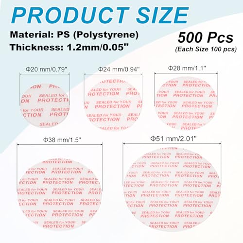 PATIKIL 20/24/28/38/51mm/0.79/0.95/1.1/1.5/2" Foam Lid Liner, 500pcs Adhesive Round PS Pressure Sensitive Seals for Plastic Glass Jar Bottle Cap Canning Vials Seals Red Text, White - size: 0.79/0.95/1.1/1.5/2 Inch