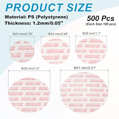 PATIKIL 20/24/28/38/51mm/0.79/0.95/1.1/1.5/2" Foam Lid Liner, 500pcs Adhesive Round PS Pressure Sensitive Seals for Plastic Glass Jar Bottle Cap Canning Vials Seals Red Text, White - size: 0.79/0.95/1.1/1.5/2 Inch