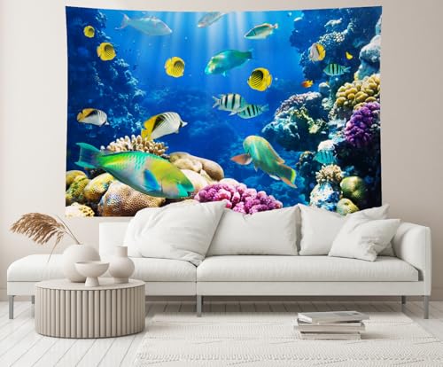 CHNYWORK 82x59 Inches Under The Sea Tapestry Wall Hanging Aquarium Underwater World Tropical Fish Coral Reef Background Living Room Bedroom Aesthetic College Dorm Wall Decor