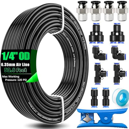 mxuteuk 1/4" Air Line Tubing Kit,1/4" Air Hose Kit,1/4 Inch(6.35mm) OD x 32.8 Feet PU Tube with Push to Connect Fittings(15PCS)