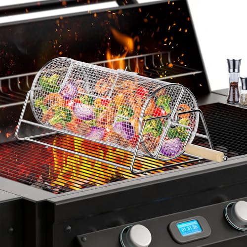 Rotatable Rolling Grill Baskets, 304 Stainless Steel, Even Cooking Nesting Grilling Net, BBQ Accessories Tools for Vegetables Shrimp, Outdoor Camping, Gifts for Birthday/Men/Dad/Husband