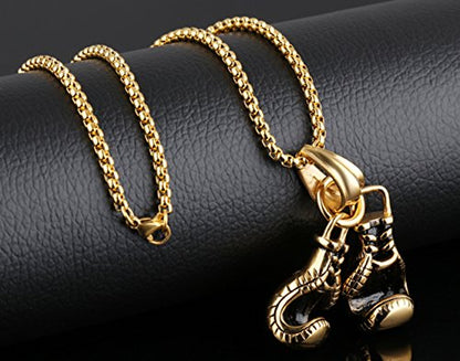 Men Punk Stainless Steel Boxing Gloves Chain Pendant Necklace - color: Golden